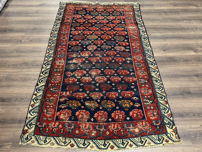 Antique Seychour Rug 4x7, Collectible Kuba Caucasian Carpet, Wool Handmade, Red Navy Blue Cream, Repeated Allover Motif, Early 20th Century