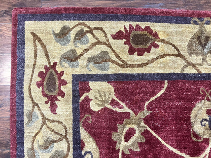 Tibetan Aubusson Rug 8x10, Maroon and Beige, Floral, Handmade, Wool, Vintage, Traditional Rug