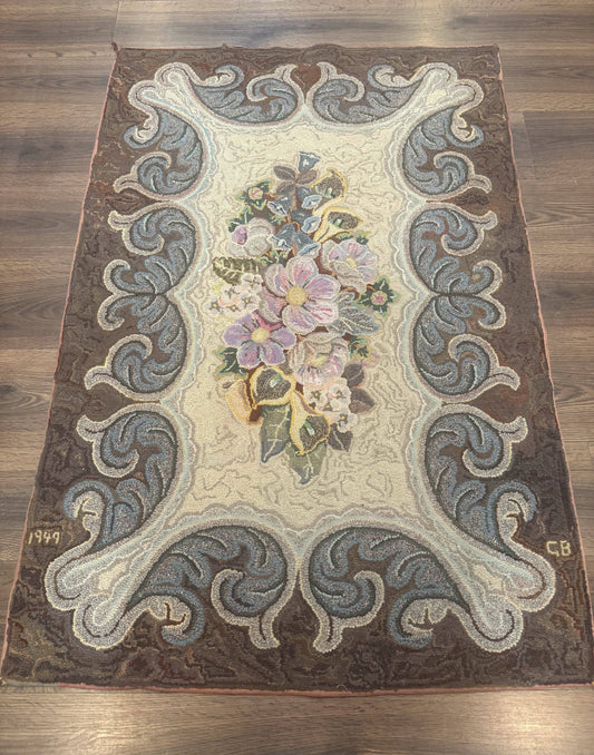 Antique American Hooked Rug 3 x 4.6, Vintage, Floral