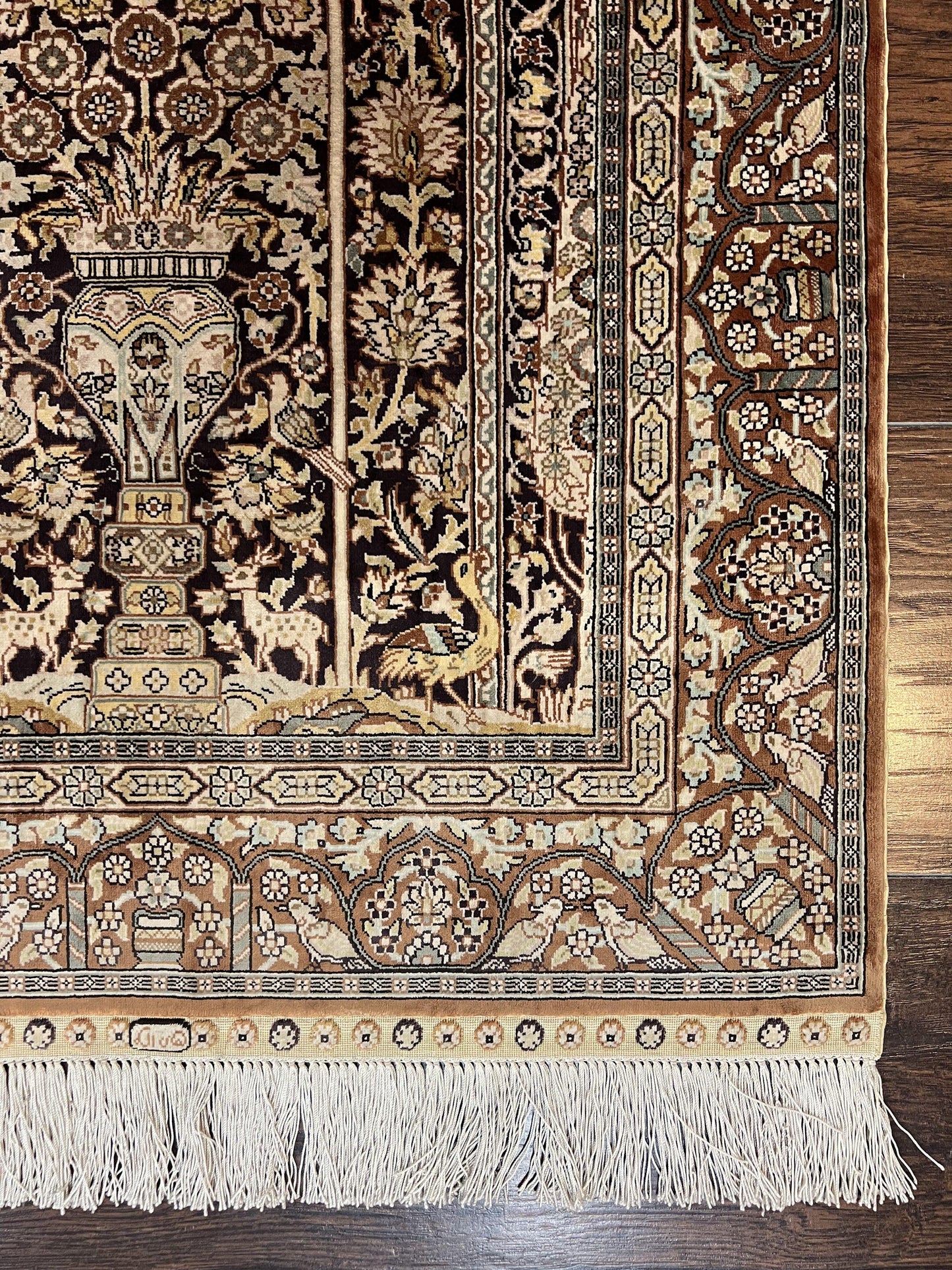 Turkish Silk Hereke Rug 2x3, Floral Vase Tree of Life Birds, Silk Pile on Silk Foundation, Vintage Oriental Carpet, Very Fine, Signature