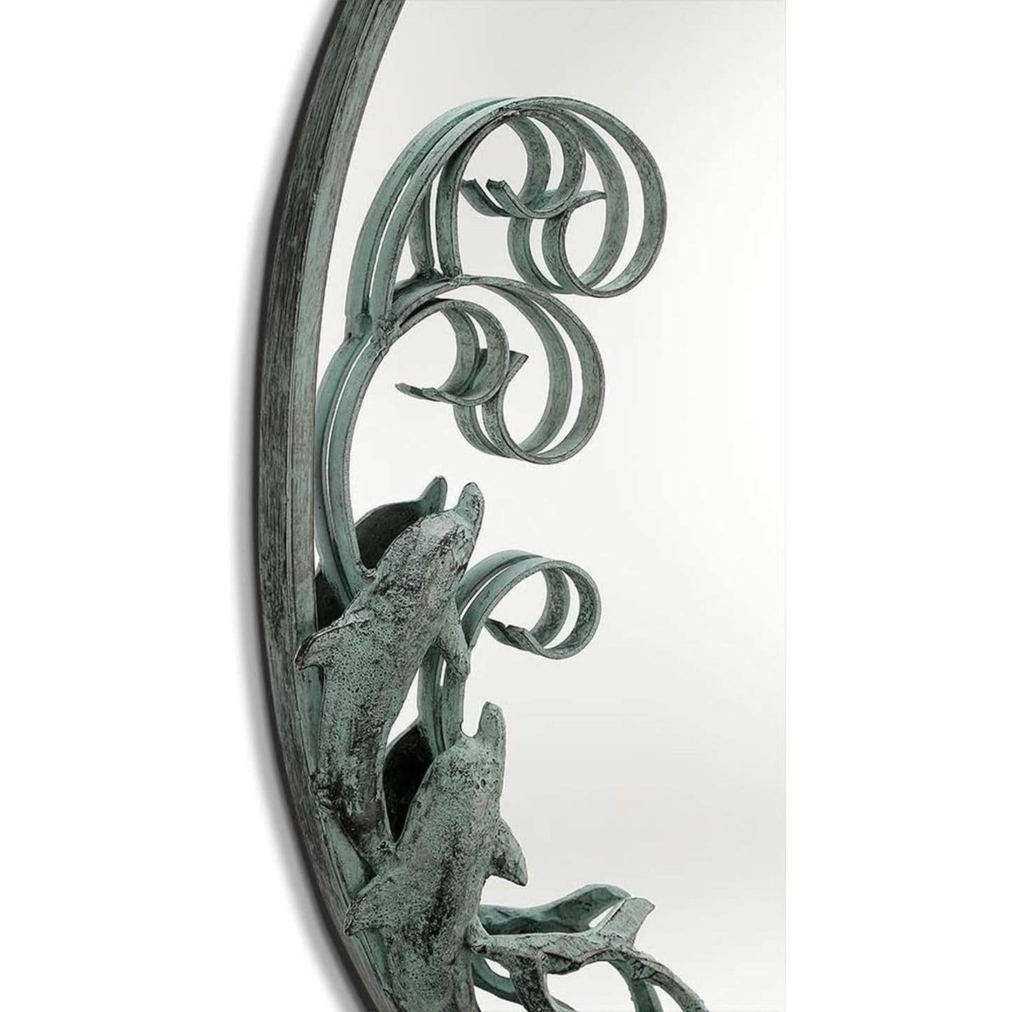 Dolphin Trio Wall Mirror Cast Iron Verdigris Finish 26 Inch