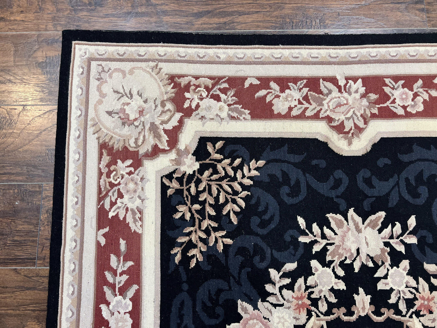 Needlepoint Rug 5x8, Wool Handmade Vintage European Design Carpet, Black & Maroon, French Aubusson Pattern Flatweave Rug