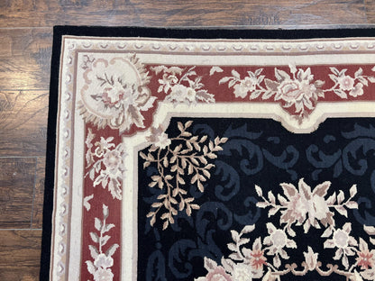 Needlepoint Rug 5x8, Wool Handmade Vintage European Design Carpet, Black & Maroon, French Aubusson Pattern Flatweave Rug