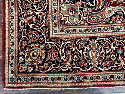 Persian Kashan Rug 4x7, Red and Navy Blue, Floral Antique Carpet