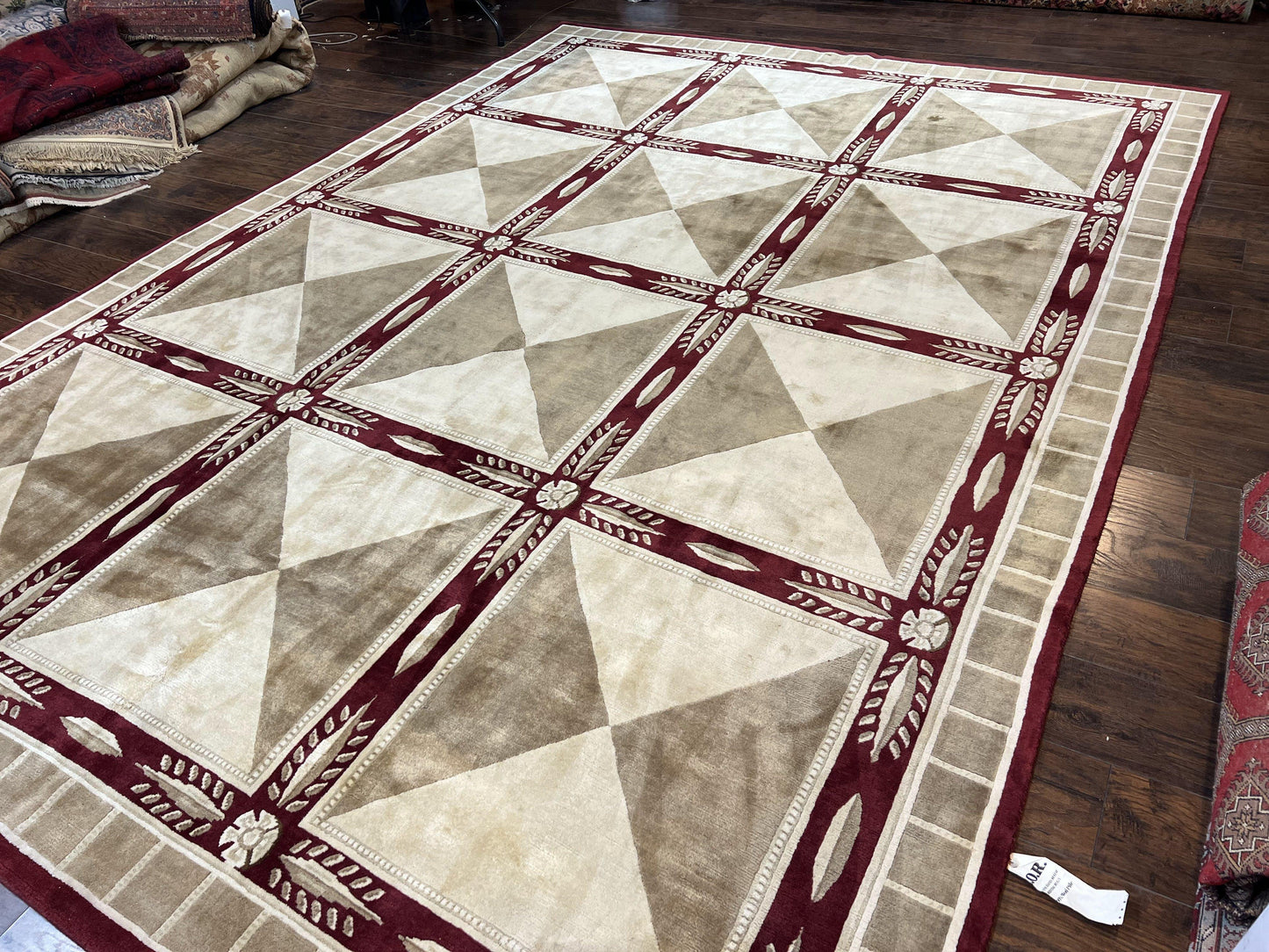 Indo Tibetan Rug 10x14, Nepali Carpet, Large Soft Wool Area Rug, Olive Tan Maroon, Contemporary Rug 10 x 14 ft Living Room Rug, Handmade Rug