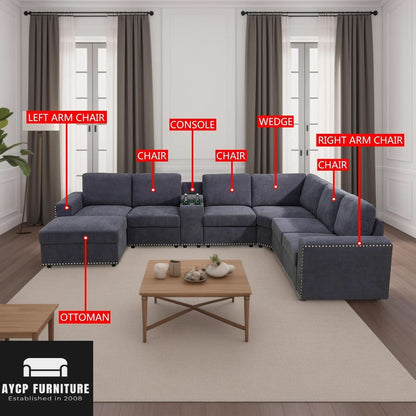Flannel Modular Sectional Sofa With USB Ports Grey
