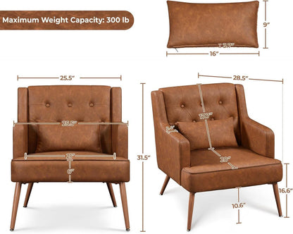 Two Brown Leatherette Mid Century Accent Chairs Set