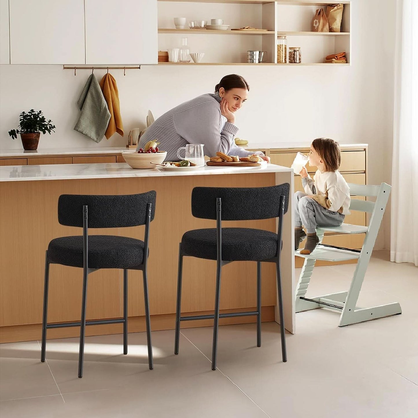 24 Inch Bar Stools Set of 2 Boucle Upholstered Curved Back