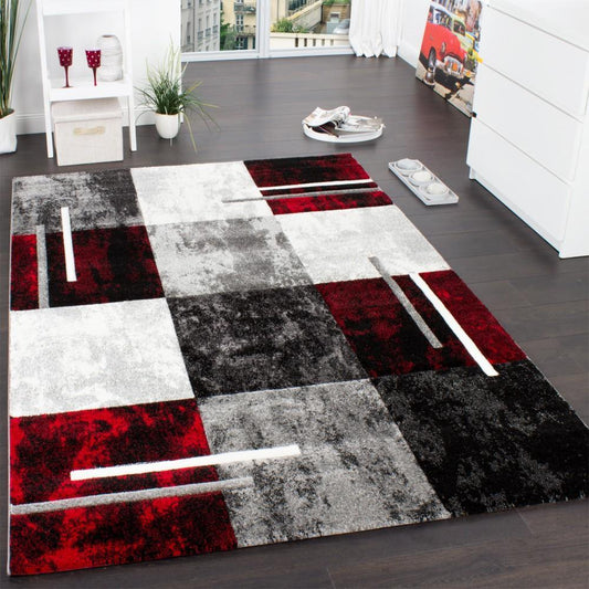 Geometric Designer Rug with Contour Cut - Gey Red