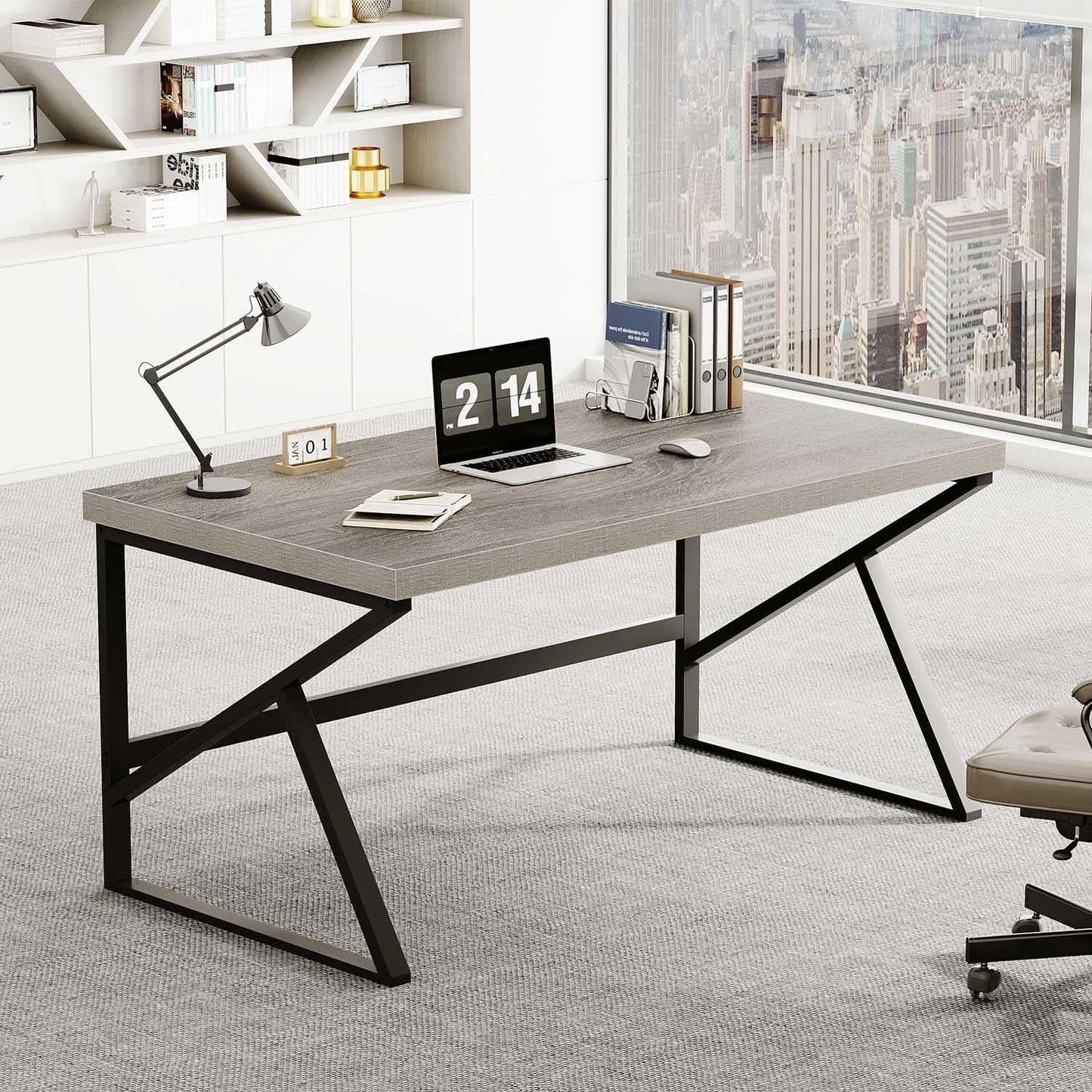 Gray Industrial Computer Desk for Home Office and Gaming