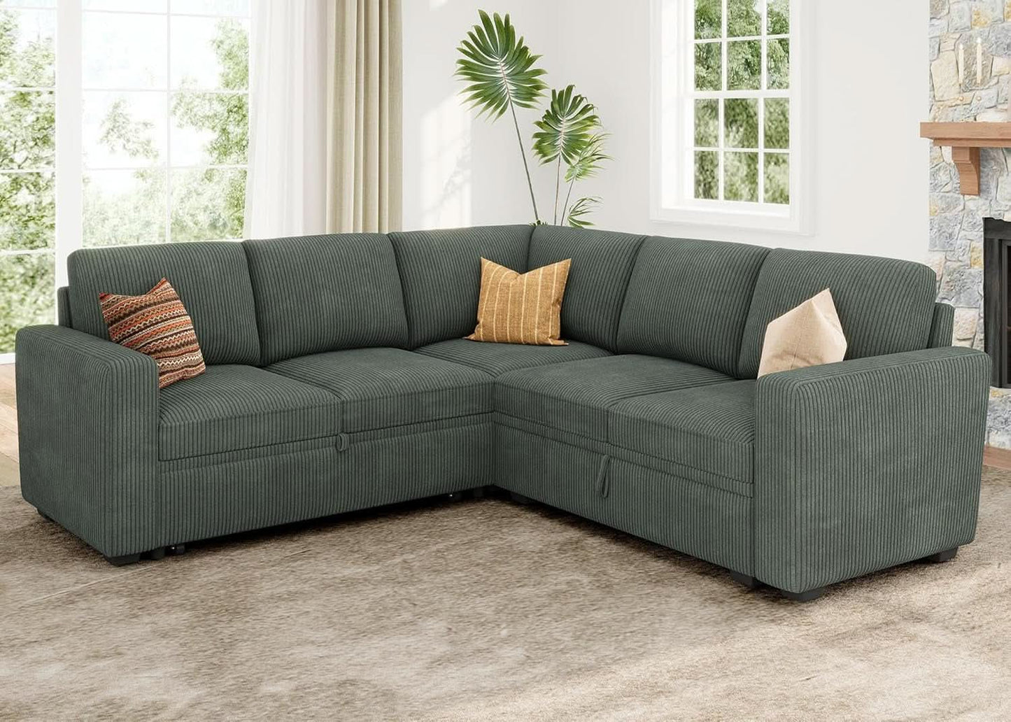 Green Corduroy Sectional Sleeper Sofa With Storage
