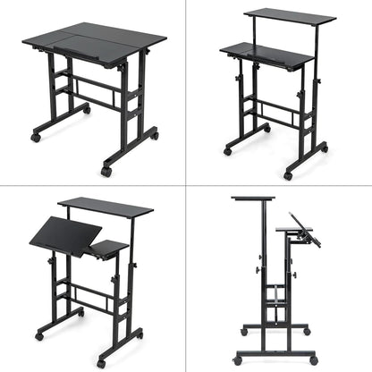 Height Adjustable Mobile Desk with Tilting Top and Wheels