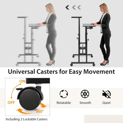 Height Adjustable Mobile Desk with Tilting Top and Wheels