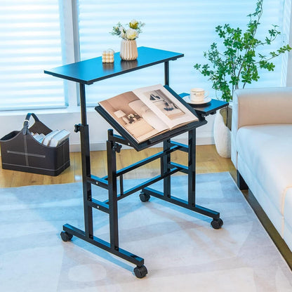 Height Adjustable Mobile Desk with Tilting Top and Wheels