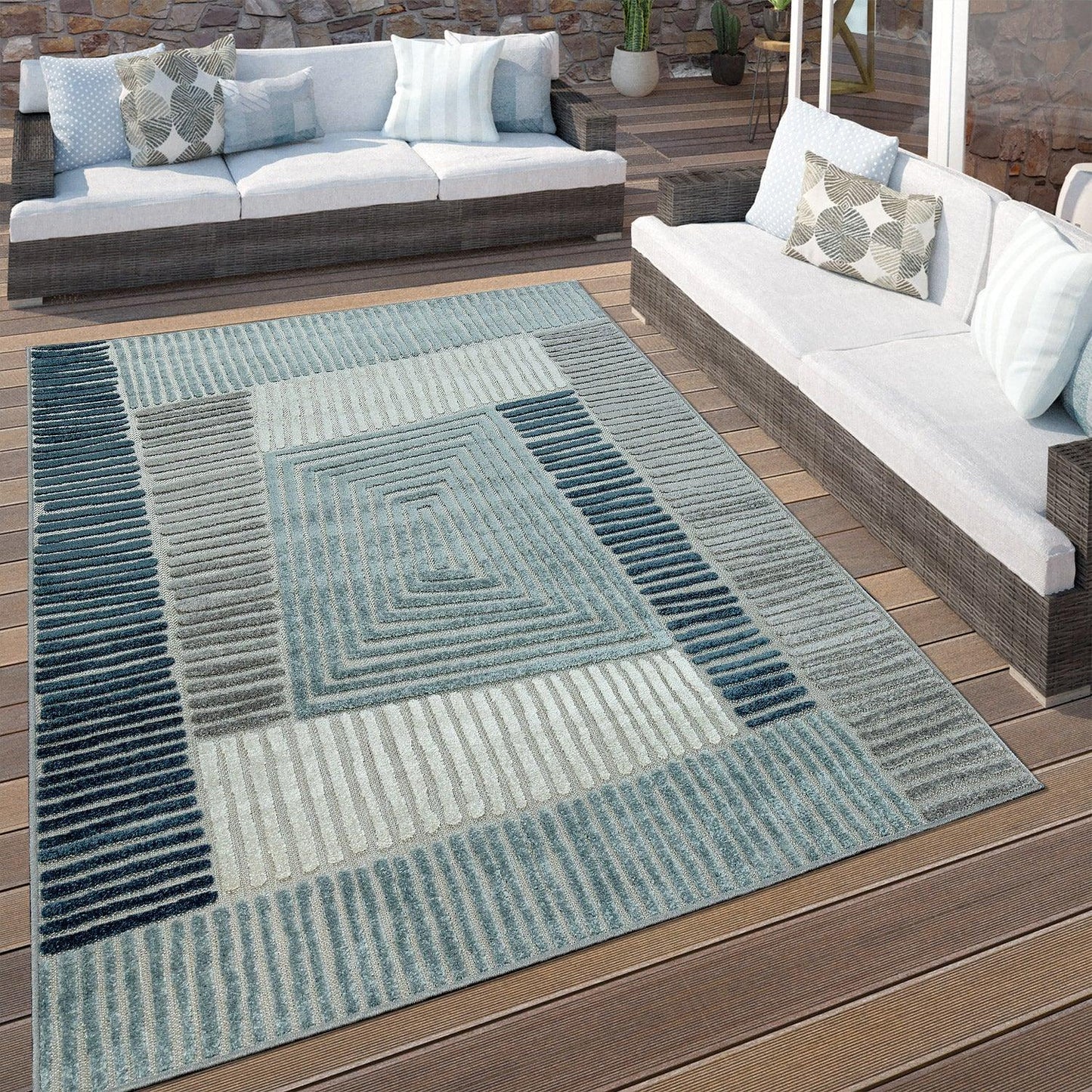In- & Outdoor Rug Marrakesh Carved Design - Aqua Blue