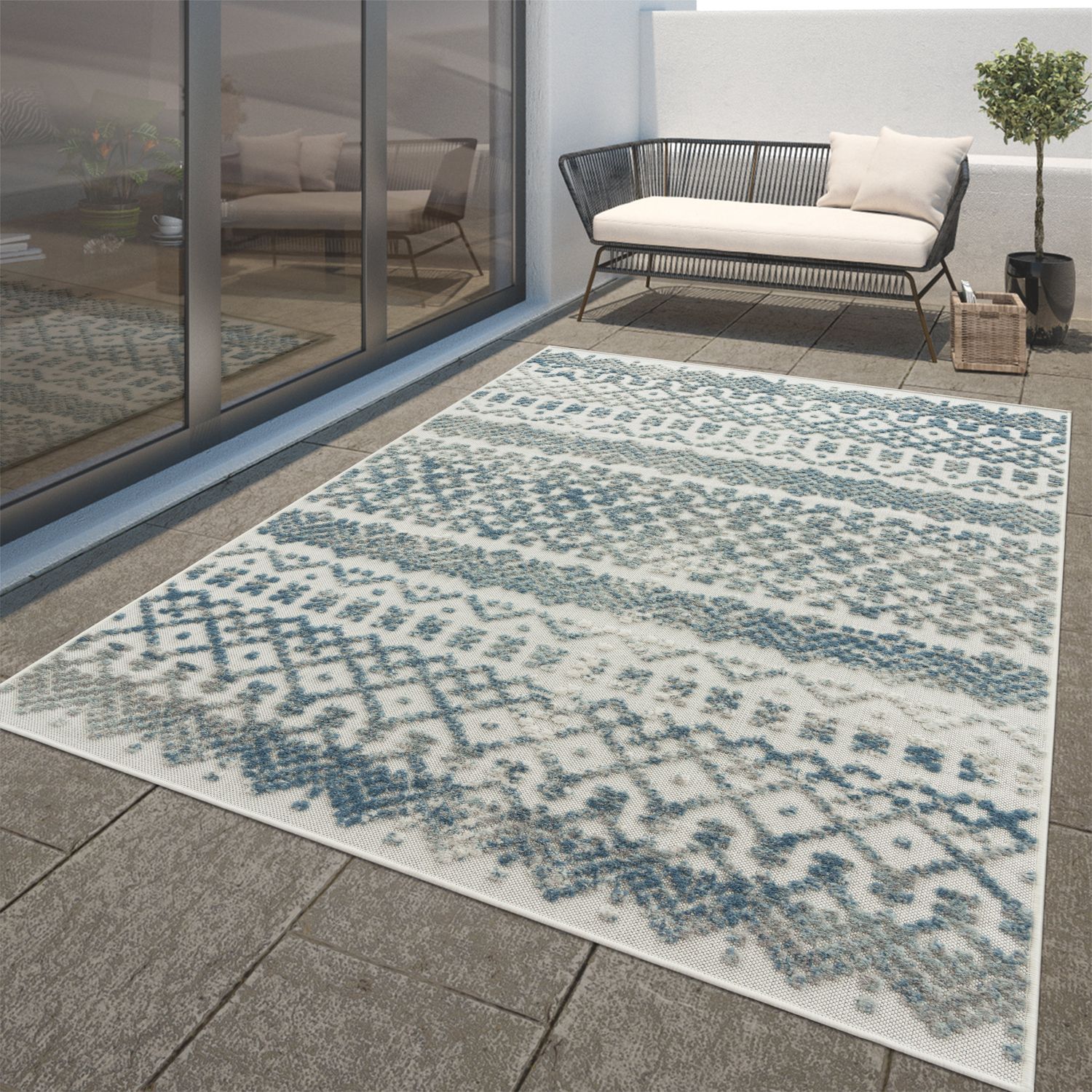 In- & Outdoor Rug Marrakesh High/Low Effect Trellis in Turquoise Cream ...
