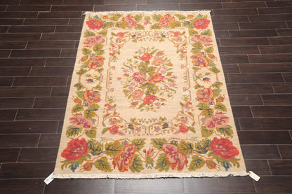 5'6" x 7'6" Hand Knotted Wool Reversible Floral Area Rug Beige