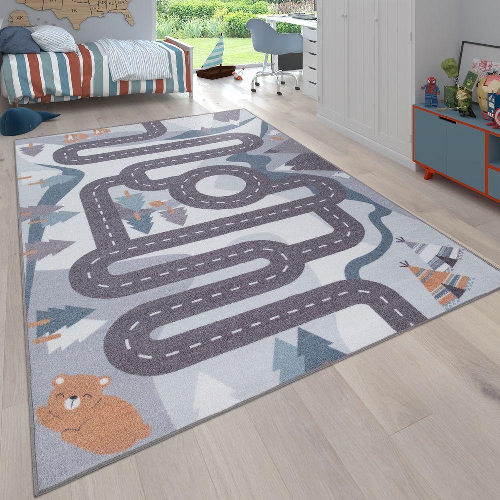 Kids Play Rug For Nursery Road With Forest Animals grey blue