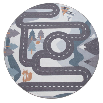 Kids Play Rug For Nursery Road With Forest Animals grey blue