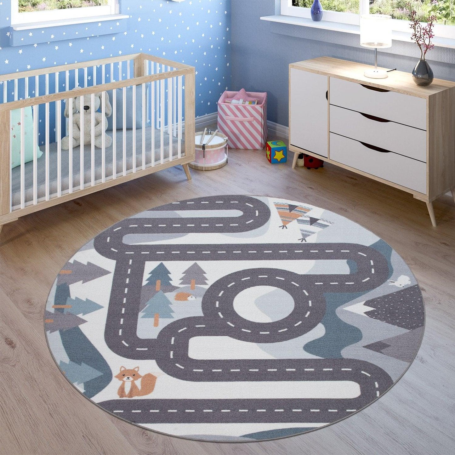 Kids Play Rug For Nursery Road With Forest Animals grey blue
