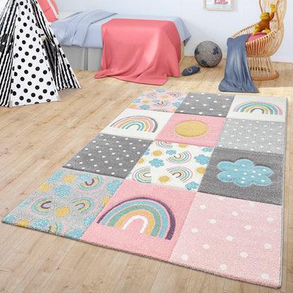 Kids Rug Cosmo with Rainbow & Clouds in Colorful Pink