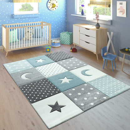 Kids Rug Dots Hearts Stars Checked White Blue Pastel