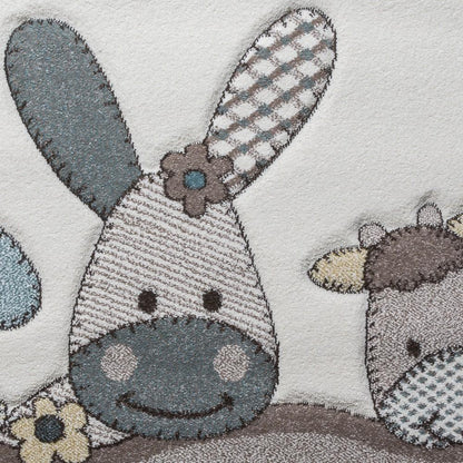 Kids Rug Nursery Contour Cut Farm Animals Beige Cream Pastel