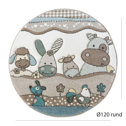 Kids Rug Nursery Contour Cut Farm Animals Beige Cream Pastel