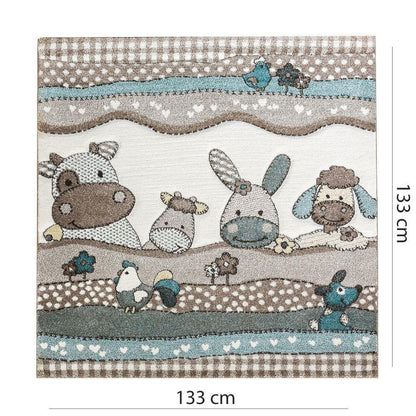 Kids Rug Nursery Contour Cut Farm Animals Beige Cream Pastel