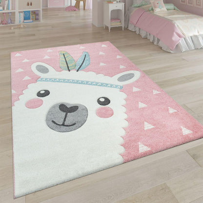 Kids Rug Nursery Cute Alpaca 3D Pink White Pastel
