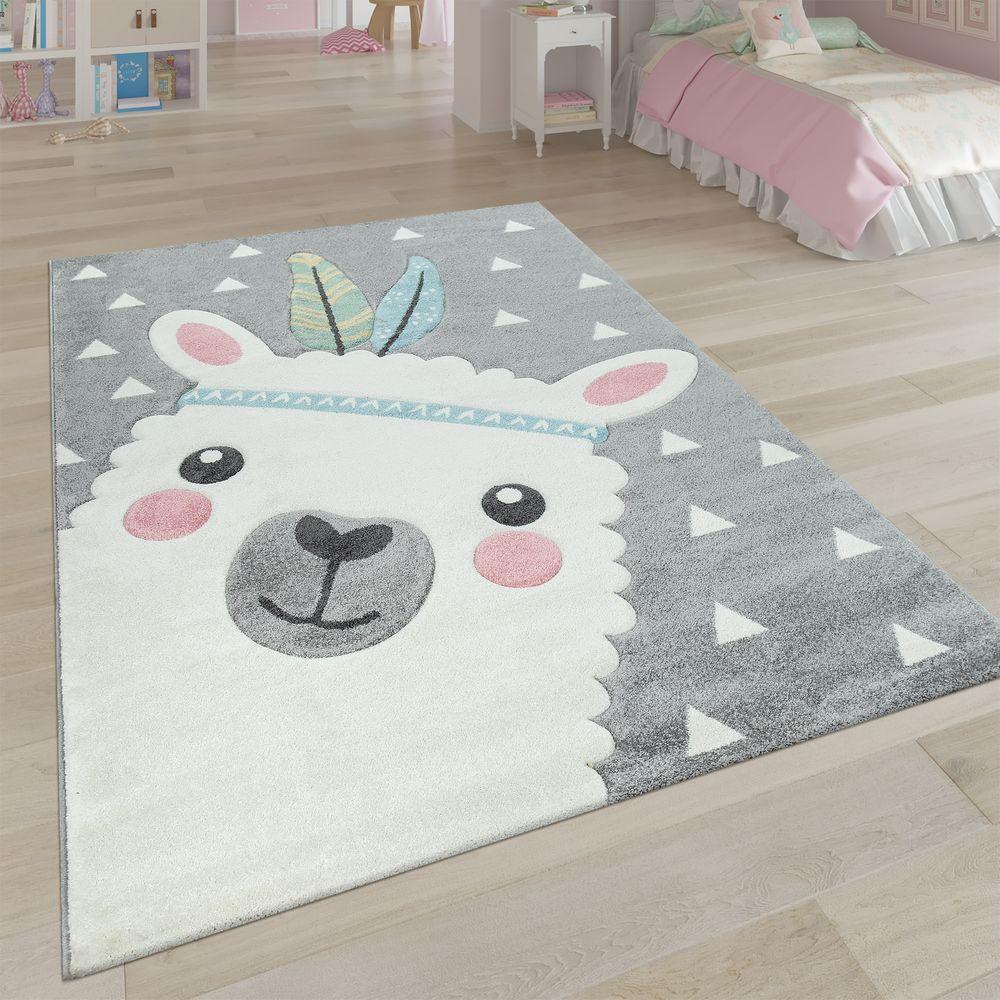 Kids Rug Nursery Cute Alpaca 3D White Grey Pastel