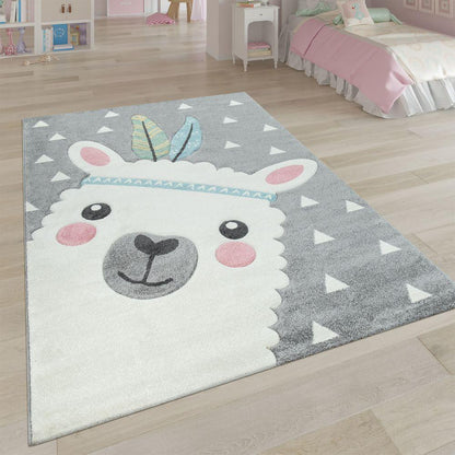 Kids Rug Nursery Cute Alpaca 3D White Grey Pastel