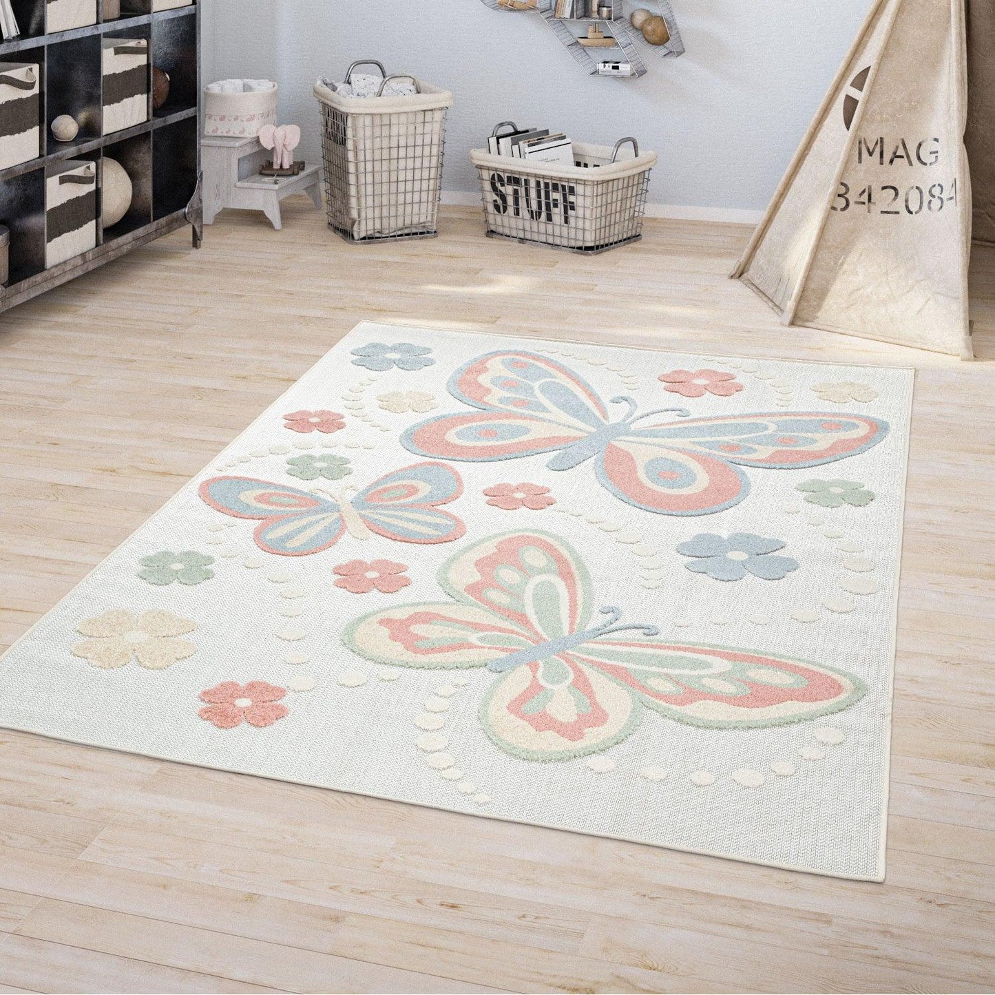 Kids Rug Tweet Colorful Playmat with Butterflies - Beige Cream