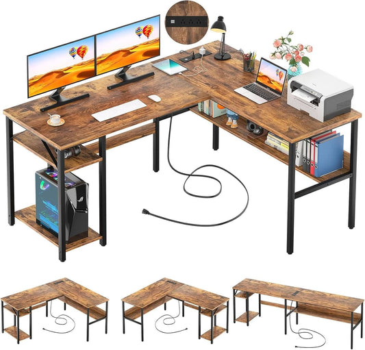 L Shaped Computer Desk With USB Ports And Power Outlets Rustic Brown