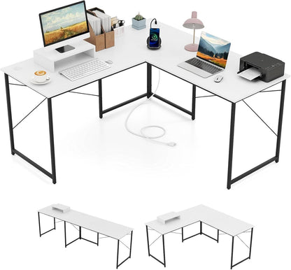 L Shaped Computer Desk With USB Ports And Monitor Shelf 95 Inch Two Person