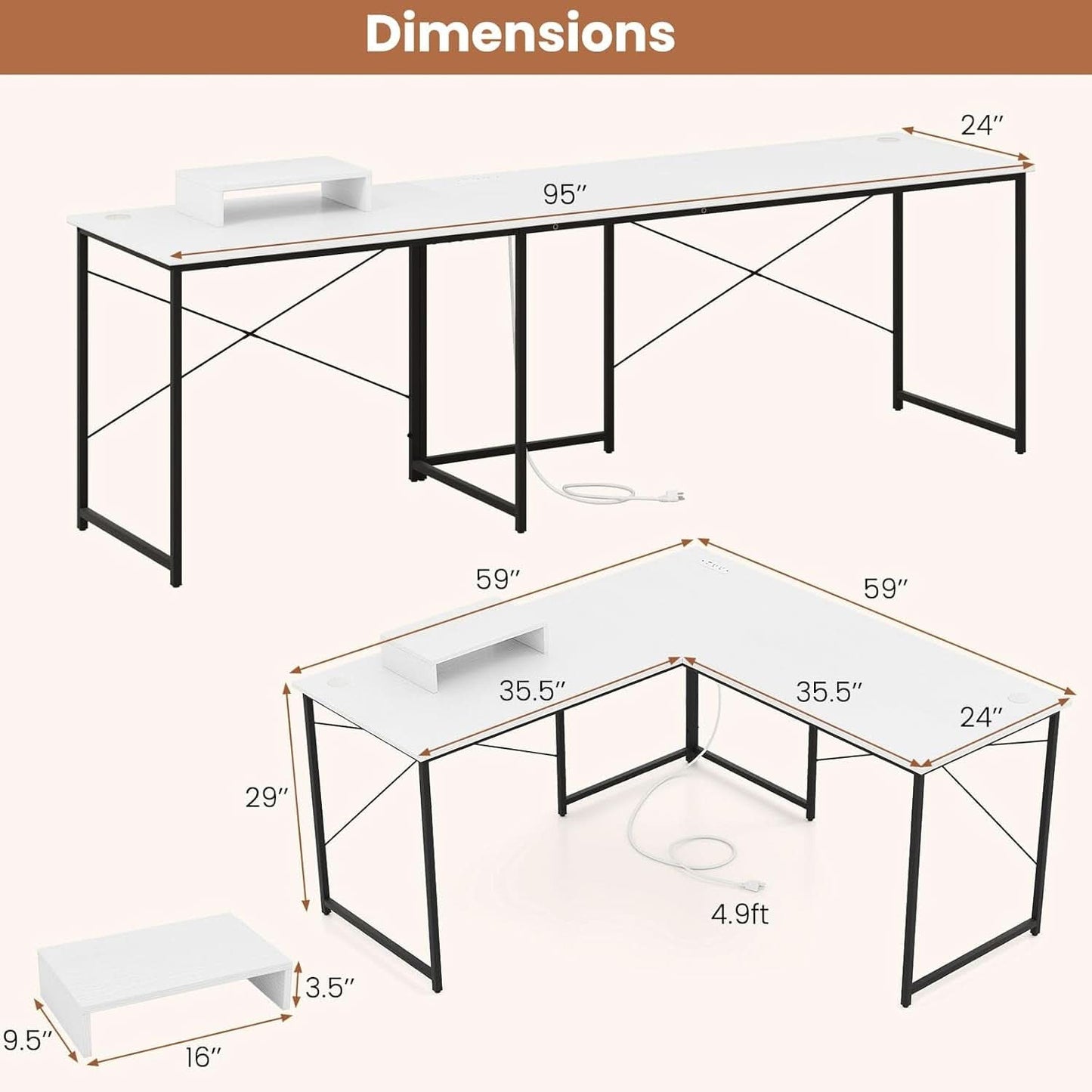 L Shaped Computer Desk With USB Ports And Monitor Shelf 95 Inch Two Person