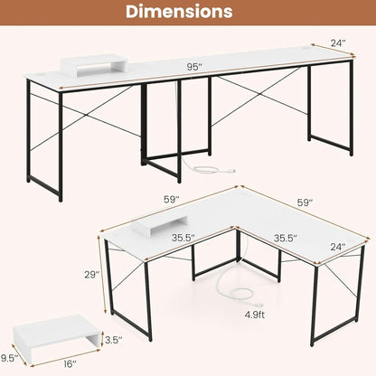 L Shaped Computer Desk With USB Ports And Monitor Shelf 95 Inch Two Person