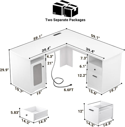 L Shaped Computer Desk with Power Outlets and USB Ports