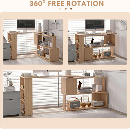 L Shaped Corner Desk With 360 Degree Rotation And Shelves