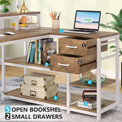 L Shaped Desk With Drawers And Monitor Stand Beige Wood