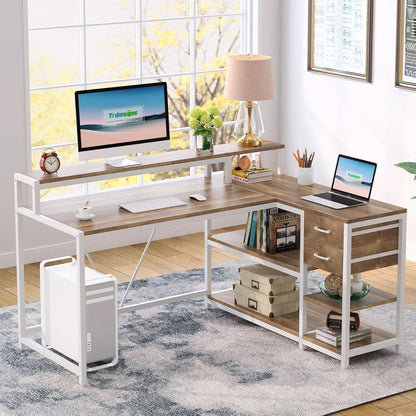 L Shaped Desk With Drawers And Monitor Stand Beige Wood