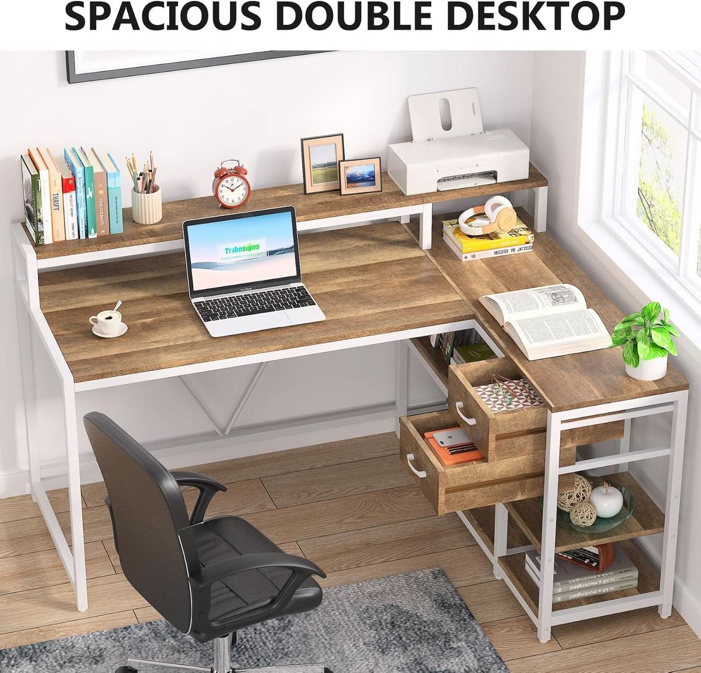 L Shaped Desk With Drawers And Monitor Stand Beige Wood