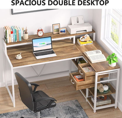 L Shaped Desk With Drawers And Monitor Stand Beige Wood