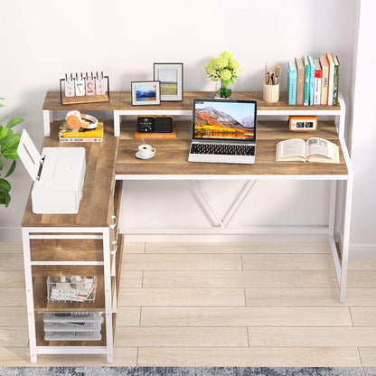 L Shaped Desk With Drawers And Monitor Stand Beige Wood