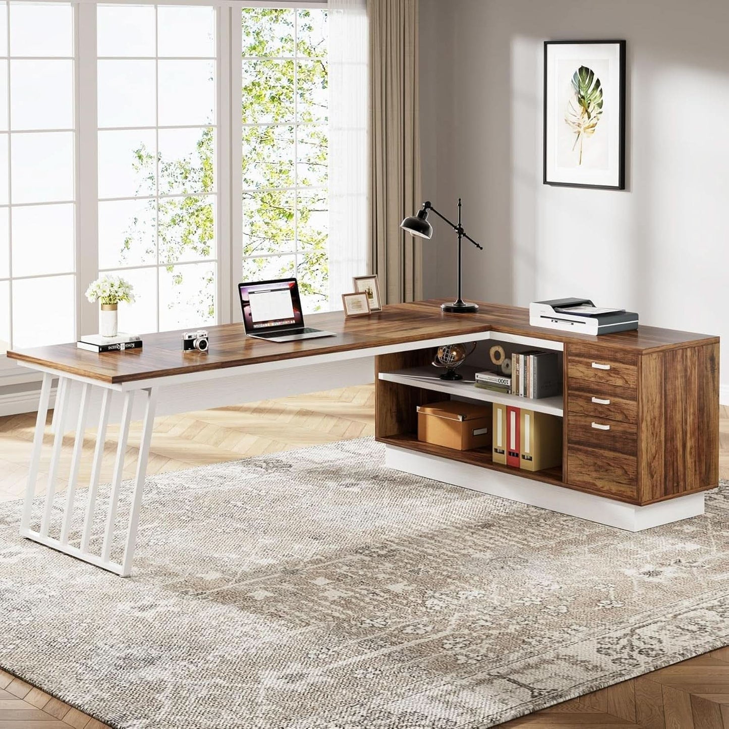 L-Shaped Executive Desk with Storage Drawers and Shelves