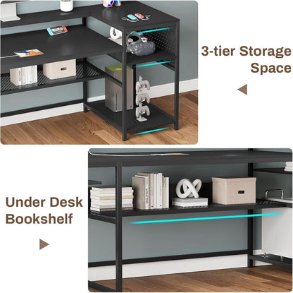 L Shaped Gaming Desk with LED Strip and Storage Shelves