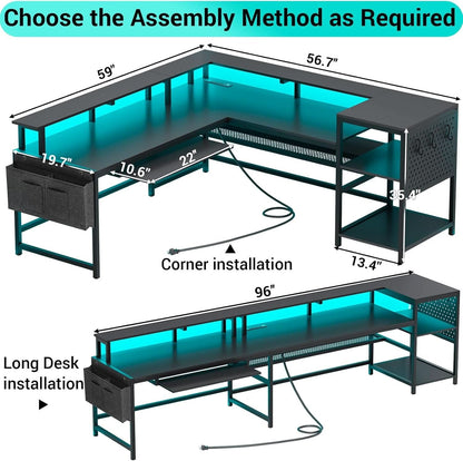 L Shaped Gaming Desk with LED Strip and Storage Shelves
