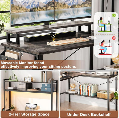 L Shaped Gaming Desk With Power Outlets And Grey Oak