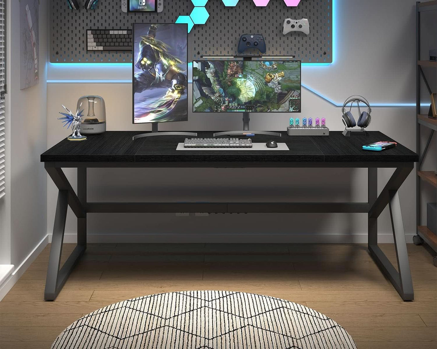 Large Black Desk for Two Monitors and Workstations