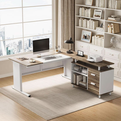 63 Inch L Shaped Computer Desk With File Cabinet For Home Office